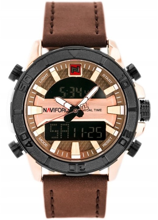 Ceas barbatesc Naviforce NF9114, mecanism SEIKO, bratara din piele, culoare maro/roz aurie, dimensiuni 50x52x16mm