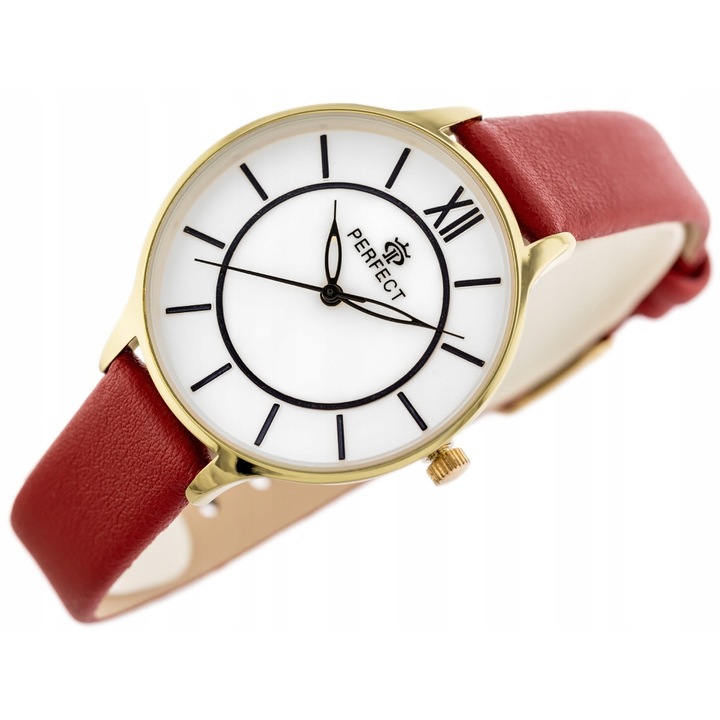 Ceas de dama Perfect zp962d, mecanism japonez, carcasa aurie, bratara rosie, 36x43x8mm, set cu cutie si geanta de cadou, gravura personalizata.
