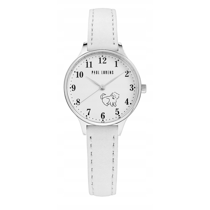 Ceas de mana pentru copii Paul Lorens, model PL12491A2-3C1, cu carcasa argintie, curea din piele naturala alba, set cu cutie si sac de cadou