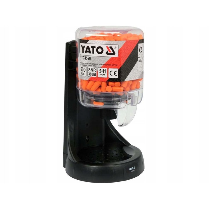 Диспенсър с 250 чифта тапи за уши Yato, SNR 38 dB, оранжеви, размер 5-11 мм