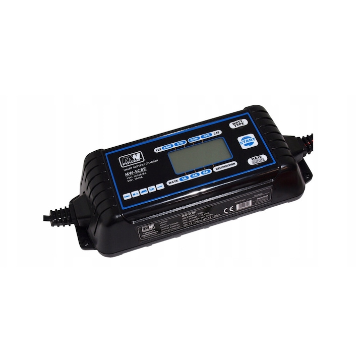 Incarcator auto MW Power 12V 24V 8A, IP65, dimensiuni 218,4x89x49,5mm, set de incarcare