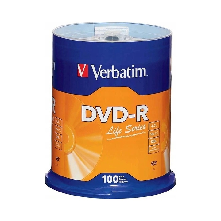 Pachet 100 discuri DVD Verbatim DVD-R 4,7GB, 16x, Matt Silver