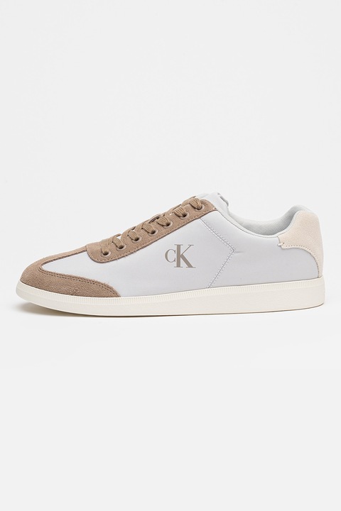 CALVIN KLEIN, Pantofi sport low-cut din material textil si piele intoarsa, Maro/Albastru azur