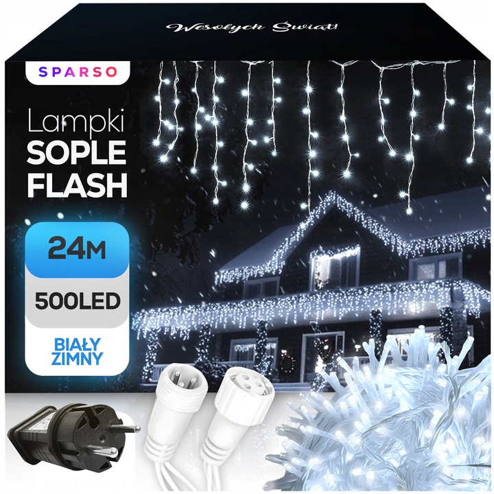 LED лампички Сополи 24м, 500 LED-а, ефект мигане, устойчиви на атмосферни влияния, дължини 40/50/65 см, студено бяло
