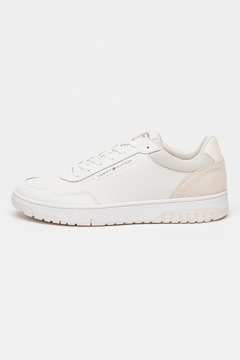 Tommy Hilfiger, Pantofi sport Core Lite de piele cu garnituri de piele intoarsa, Alb murdar/Bej deschis