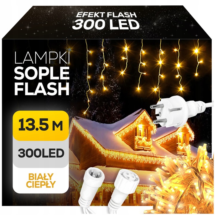Външни LED лампи SOPLE 300, 12м, 3 дължини на проводника, топло бяла светлина, FLASH ефект