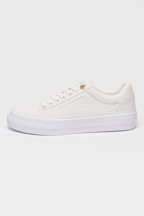 Tommy Hilfiger, Pantofi sport din panza cu talpa flatform, Alb