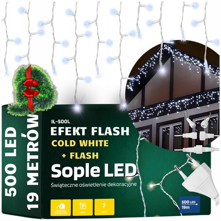 Външна светеща завеса 500 LED висулки, студено бяло, 19м, с флаш ефект