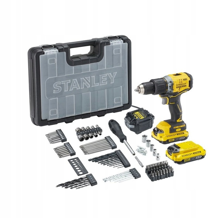Акумулаторна бормашина STANLEY UDA V20 18V 2*2.0AH, комплект, черен