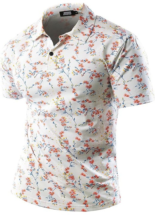 Tricou Polo pentru Barbati cu Imprimeu Floral, din Bumbac si Elastan – Confort Elastic si Stil de Vara, Alb, Marimea 2XL
