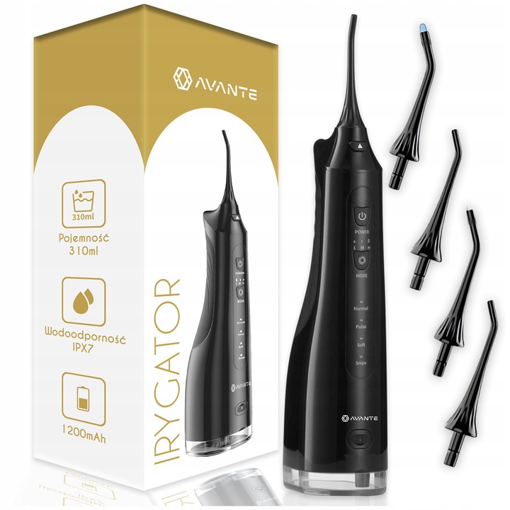 Avante vezeték nélküli szájzuhany, 4 üzemmód, 300 ml, fekete, 4 fúvókával