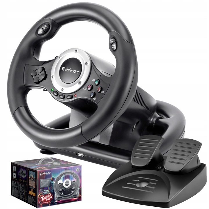 Volan Defender Turbo Pro, set cu pedale, 12 butoane, cablu 2m, negru