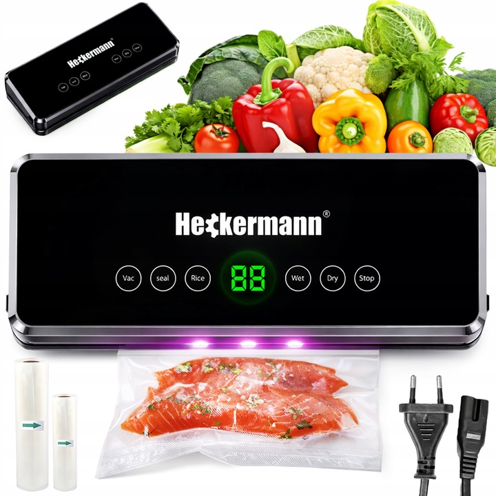 Aparat de vidat Heckermann 60 kPa, automat cu panou tactil LED, moduri Wet/Dry/Rice si functie Seal, include role folie 20/30 cm si pungi 20x30 cm, negru