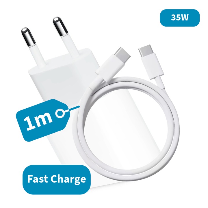 Зарядно устройство Type C, бързо зареждане 35W, съвместимо с iPhone 17/16/15/Pro/Pro Max/Plus/iPad/AirPods, Samsung, Xiaomi, Huawei, кабел за данни Type C, бял
