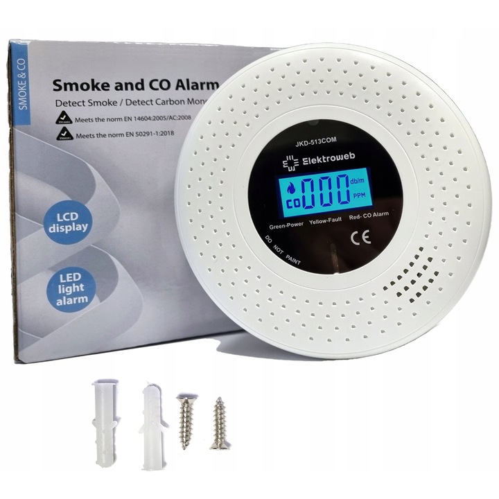 Detector CO si fum 2 in 1 Elektroweb, senzor electrochimic, alarma sonora si luminoasa, 105mm x 35mm