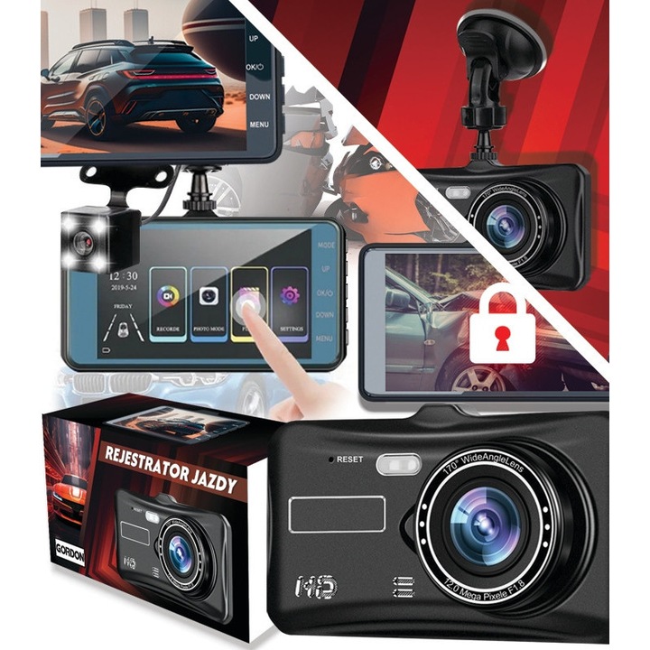 Camera auto DVR Gordon, rejestrator HD, camera de marsarier, 2592x1944, 4" touchscreen, 18x87,5x53mm, set complet