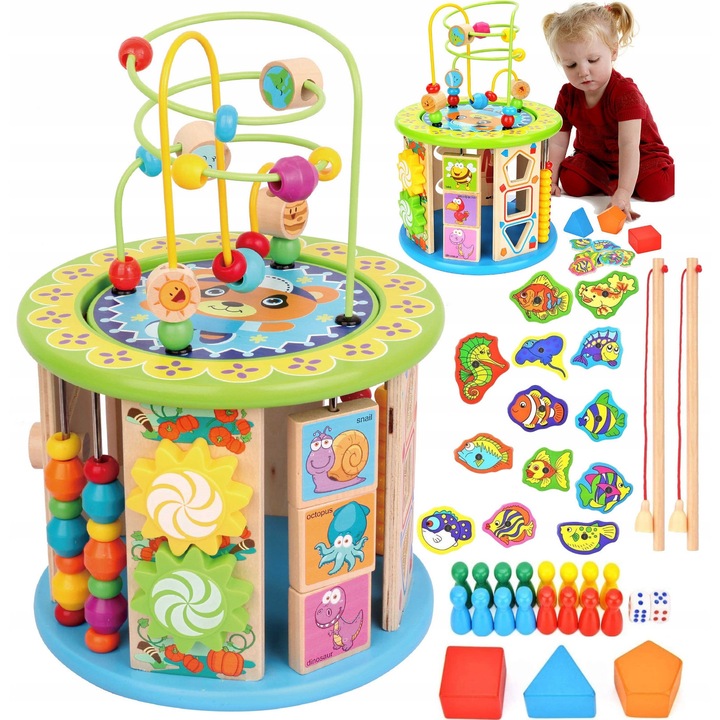 Cub educational din lemn 11 in 1, HappyBaby, sorter, labirint, multicolor, 21,5x21,5x18cm, set cu 38 de elemente