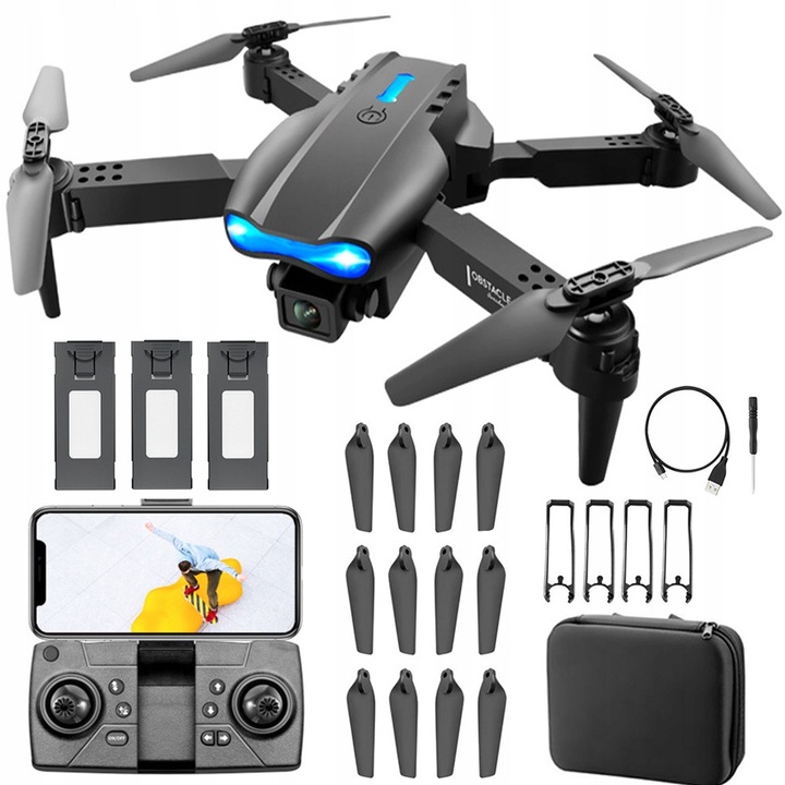 Dron E88 PRO, 2 camere 4K, omijare obstacole, negru, set complet