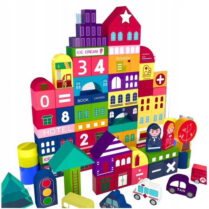 Set Cuburi Montessori pentru Construirea Orasului, 100 Elemente, Colorat, 20x21,5x5cm