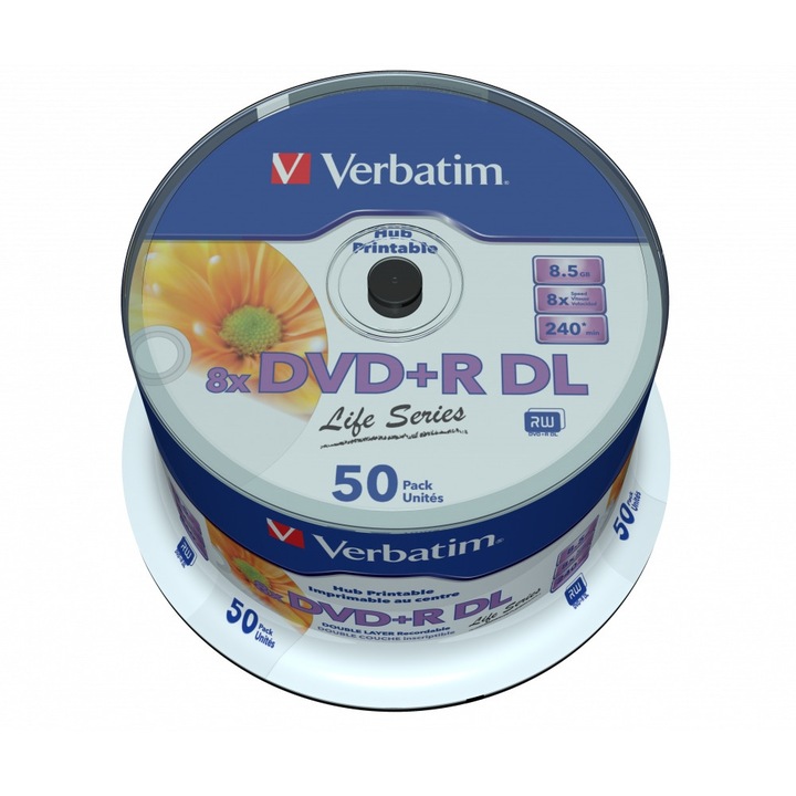 Pachet 50 discuri DVD+R DL Verbatim 8,5 GB, 8x, multicolor