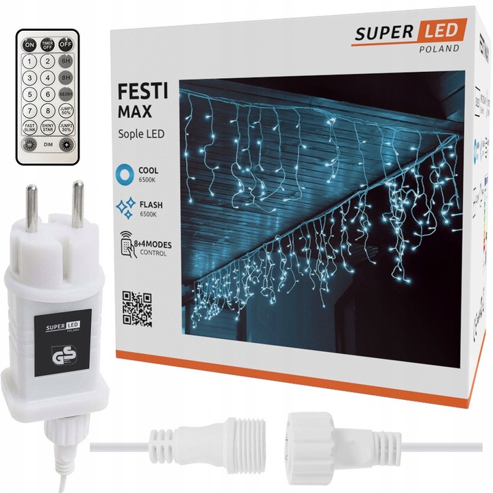 Cortina luminoasa SuperLED, 500 LED, alb rece, 20m, cu telecomanda si 8 moduri