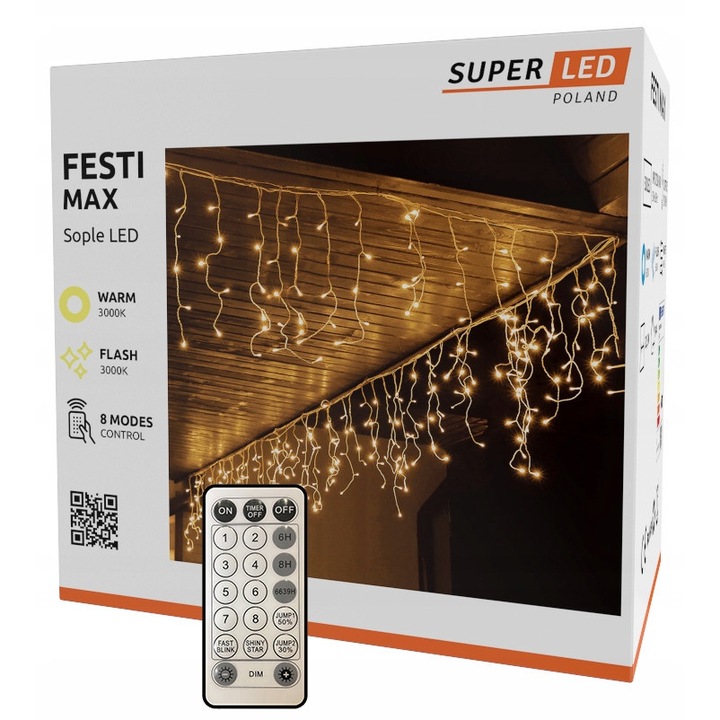 Cortina luminoasa SuperLED, 500 LED-uri, alb cald + flash, 20m, cu telecomanda