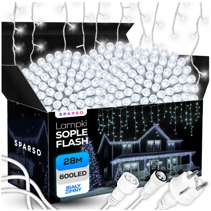 Коледни LED лампички SOPLE 28м, 600 LED, флаш ефект, студено бяло, 3 дължини 40/50/65 см