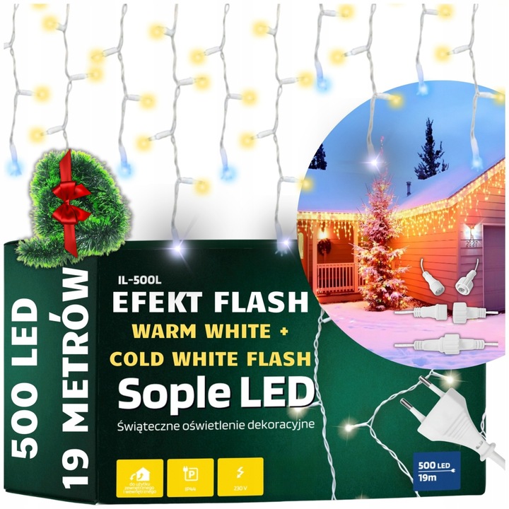 LED светеща завеса 500, 19м, топло бяло + студено бяло, IP44, комплект