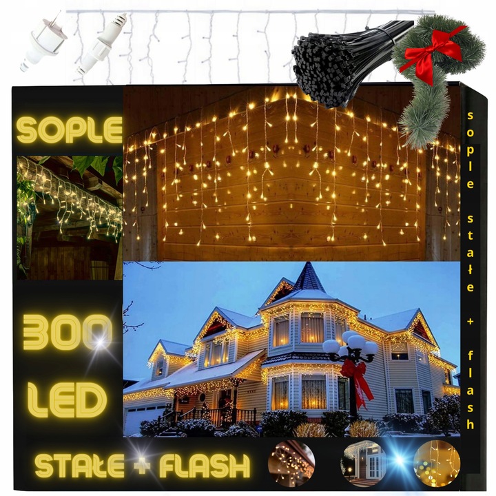Комплект LED лампи SOPLE 300, топло бяло + студено бяло, 13м, 3 дължини, със зелена гирлянда 5м и 100 монтажни скоби
