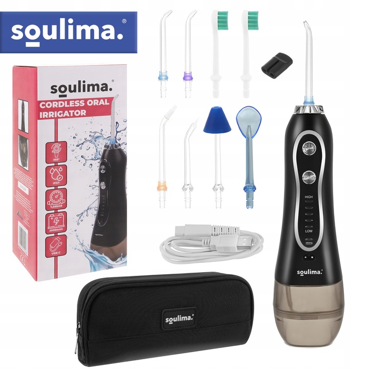 Irigator bucal fara fir Soulima, 8 duze, 5 moduri, 300 ml, negru