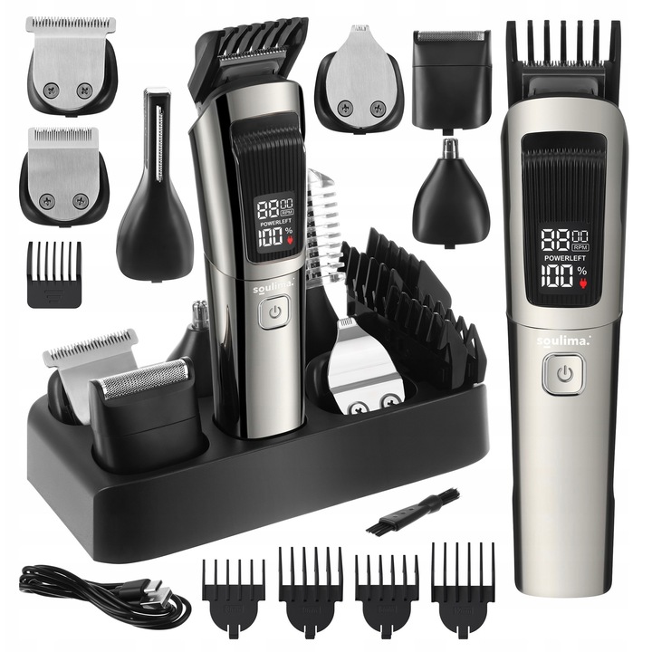 Aparat de tuns si ras 8 in 1, Soulima, USB-C, IPX6, 3,5x6x22cm, set complet