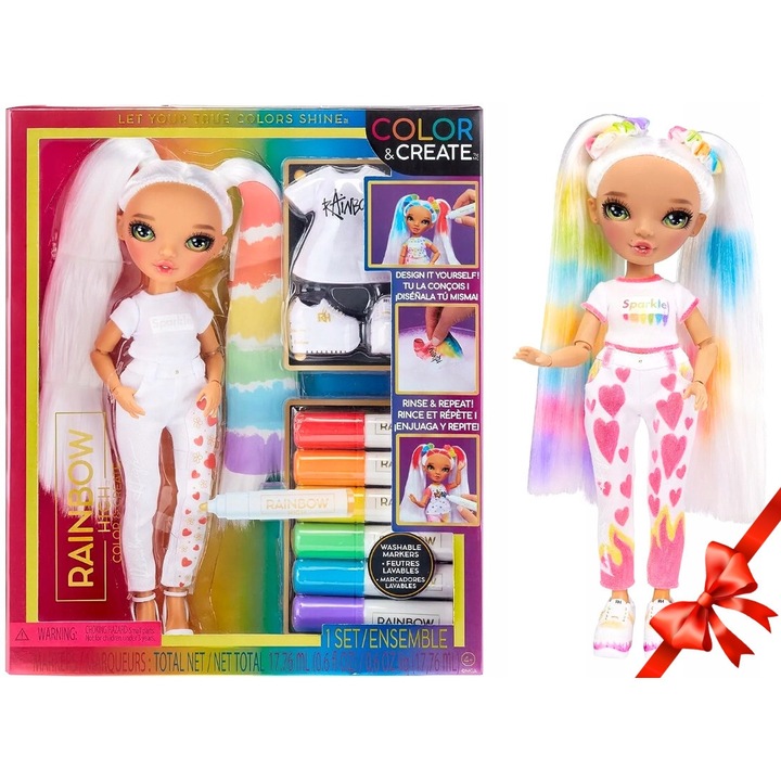 Papusa Rainbow High Color & Create, set cu 6 markere, alb, 30x45cm