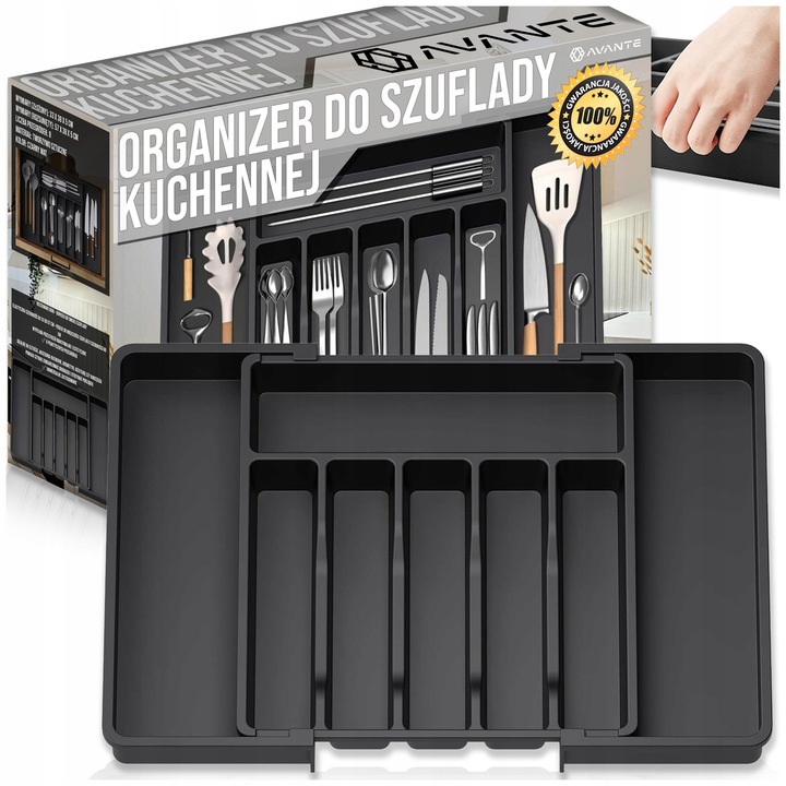 Kihúzható fiókrendező, 8 rekeszes, matt fekete, 33x57cm