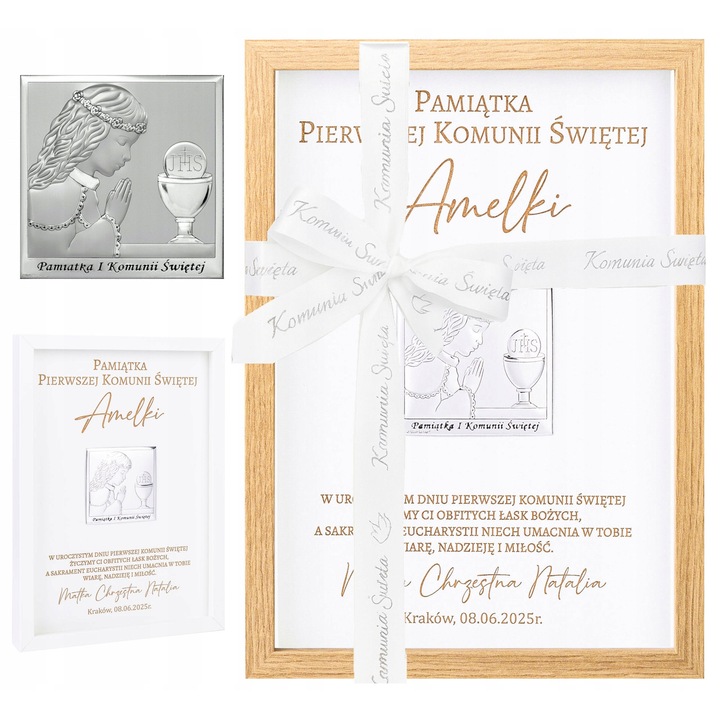 Персонализирана рамка за Първо Причастие, сребърна снимка, 23x32cm, бяла или дъб, с включена панделка