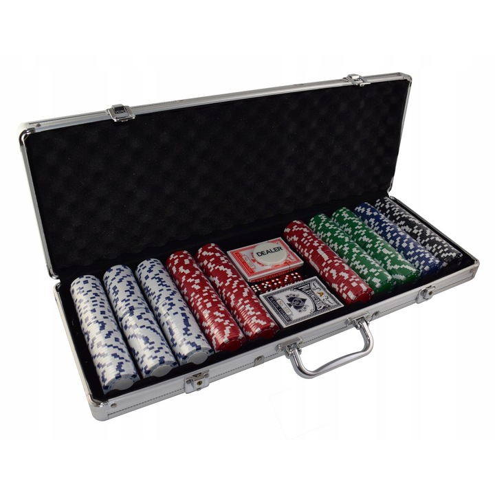 Set de poker 500 jetoane cu simboluri de zar, 8,5 kg, 150 albe, 150 rosii, 100 verzi, 50 albastre, 50 negre, 2 pachete de carti, valiza aluminiu