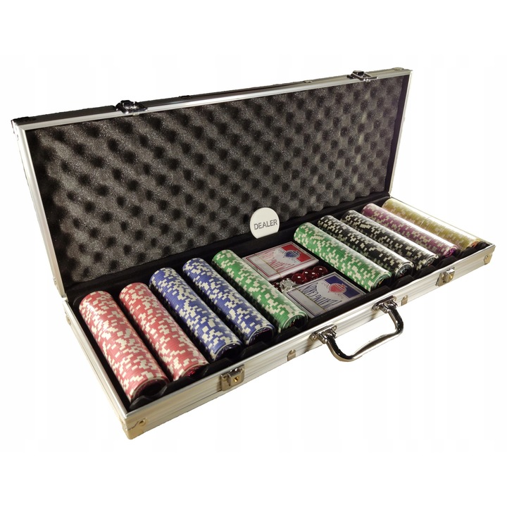 Set de poker premium, 500 jetoane, 2 talie carti, 5 zaruri, valiza eleganta