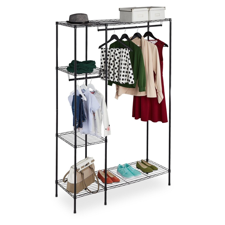 Umeras pentru haine, MatMay, metal, 2 bare, 2 rafturi, negru, 180x120x45cm
