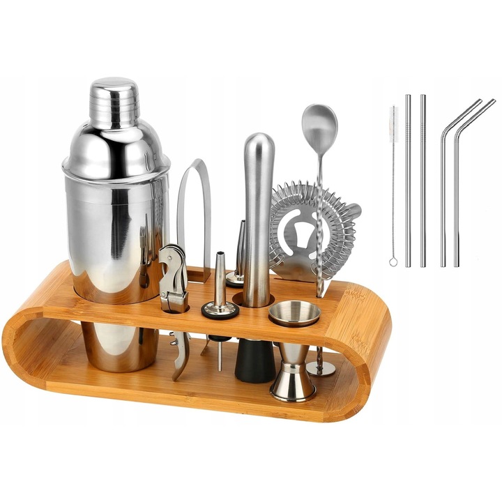Zestav barmanski 14 elemente, shaker 750ml, inox, bambus