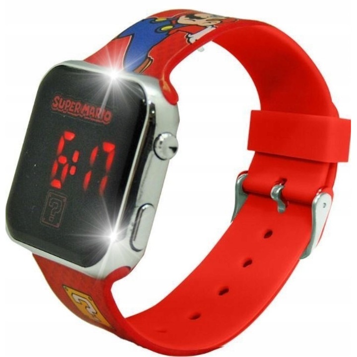 Ceas digital copii Kids Euroswan, Super Mario, curea siliconica, 2cm, 3,3x3,3cm, cu aplicatii Batman