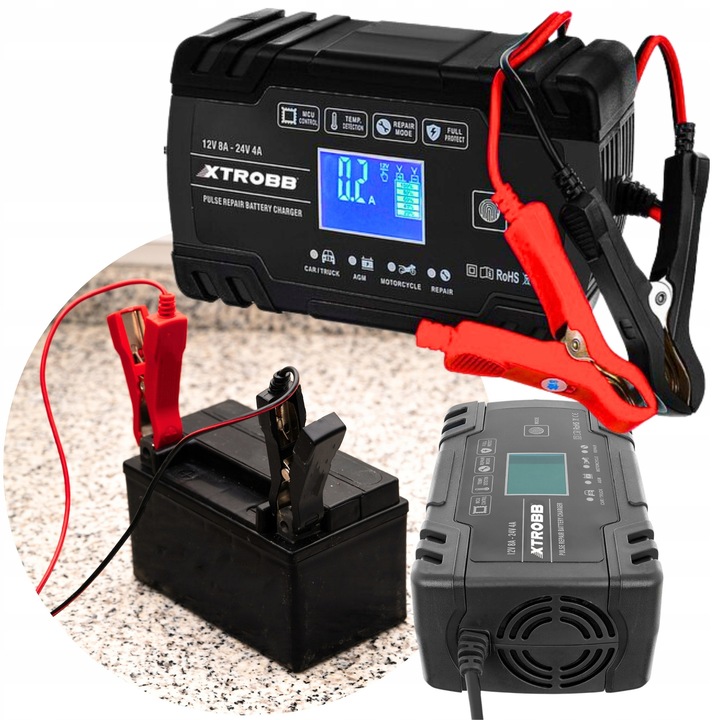 Incarcator automat pentru acumulatori 12V/24V, Xtrobb, protectie completa, panou tactil, 17x10cm, negru