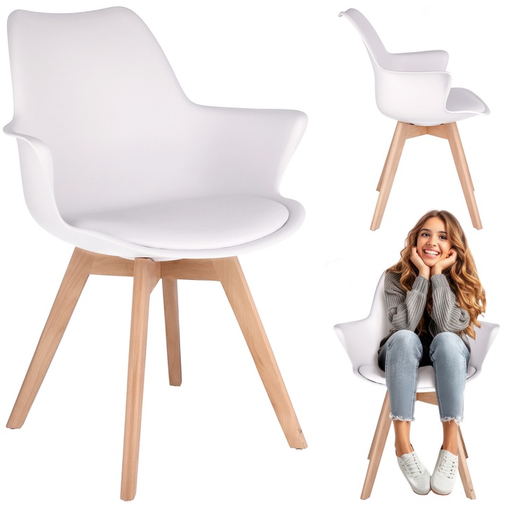 Scaun JUMI ORLEAN, alb, 83x63x59cm, cu perne din ecopiele, picioare din lemn de fag