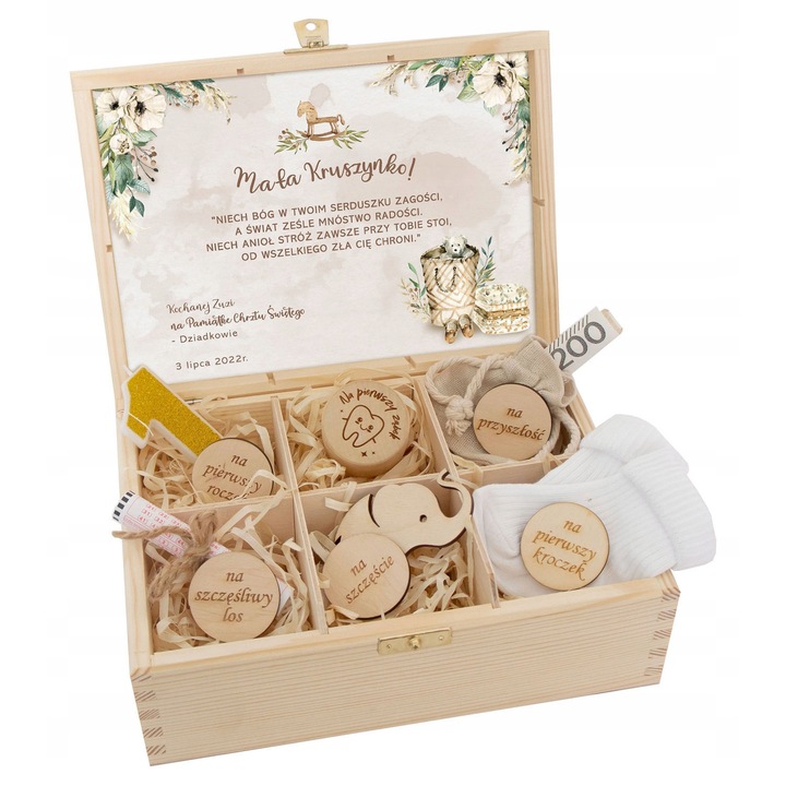 Keresztelő ajándékszett, fa doboz, kiegészítők fiúknak és lányoknak, 22,5x16x8cm