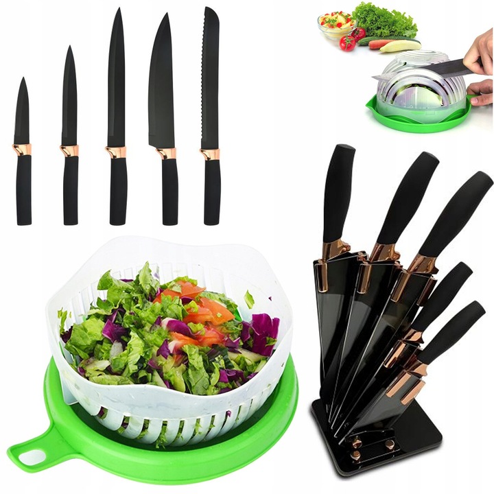 Set 6 cutite elegante in bloc negru + bol si tocator pentru legume