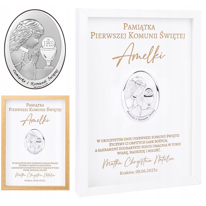 Персонализирана рамка за Първо Причастие, сребърно изображение, 23x32 см, бял или дъбов цвят