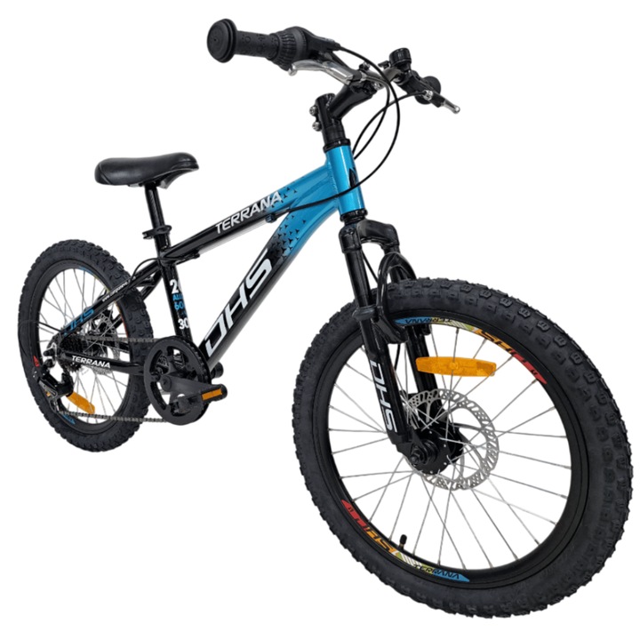 Bicicleta pentru copii MTB DHS Terrana 2023, roata 20 inch, frane Disc fata/spate, 6 viteze Shimano Tourney, suspensie fata, cadru aluminiu, Negru-Albastru