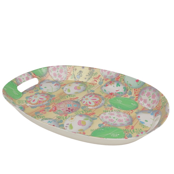 Tava de servire pentru Paste, model Oua Colorate Florale, cu manere ergonomice, 34 x 24.5 cm