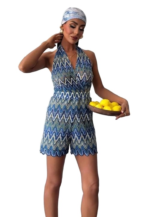 Salopeta dama, JANES, imprimeu geometric, Albastru, 85% bumbac, S INTL