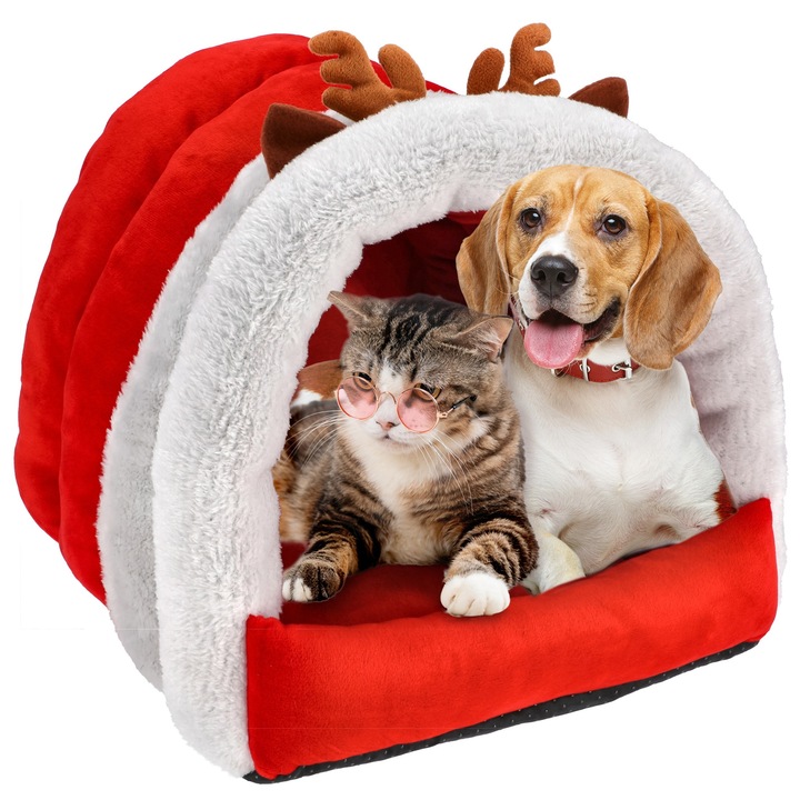Culcus pentru animale JUMI, legowisko de Craciun, 36x40x40cm, antiderapant, cu perna moale