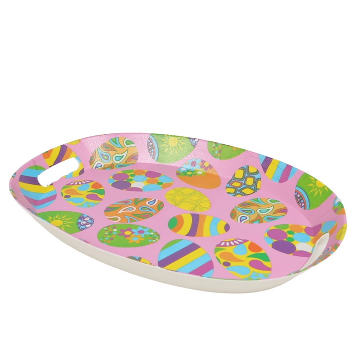Tava de servire pentru Paste, model Oua Colorate pe un fundal roz, cu manere ergonomice, 34 x 24.5 cm