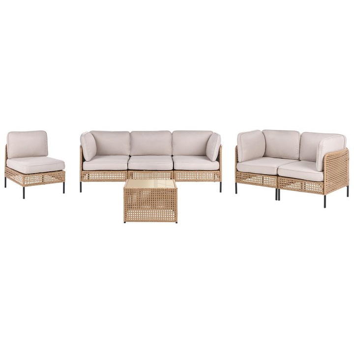 Set lounge pentru gradina cu 6 locuri Omegana Modular Ratan sintetic Bej deschis